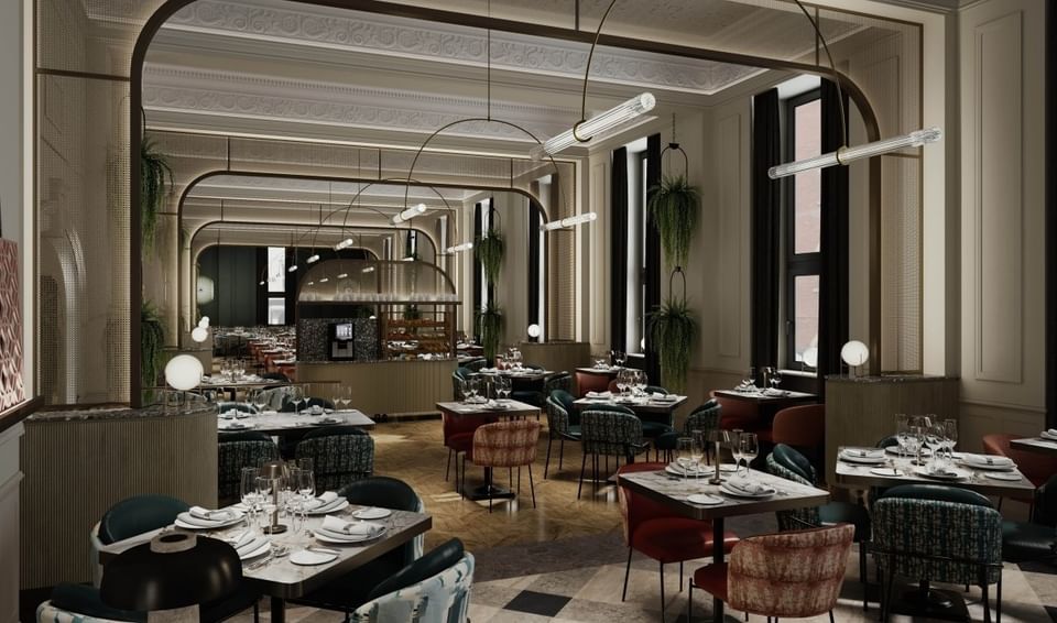 Modern Gott's Bar & Kitchen at The Met Hotel Leeds, England, with decorative archways and vibrant seating