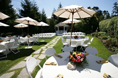 Outside wedding venue with tables