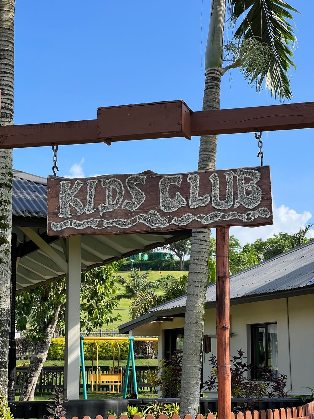 Wooden sign reading Kids Club hanging outside the Funtastik Kids Club at Warwick Le Lagon Vanuatu Efate.