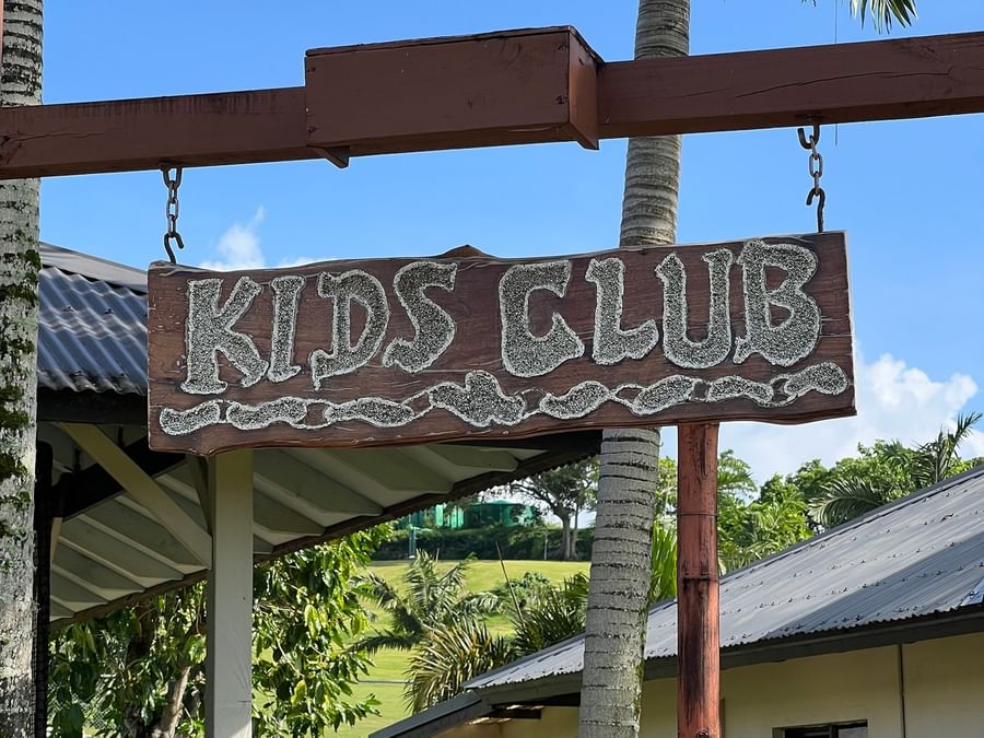 Wooden sign reading Kids Club hanging outside the Funtastik Kids Club at Warwick Le Lagon Vanuatu Efate