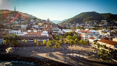 Aerial view of Puerto Vallarta surrounded by hills near Villa Premiere Boutique Hotel & Romantic Getaway
