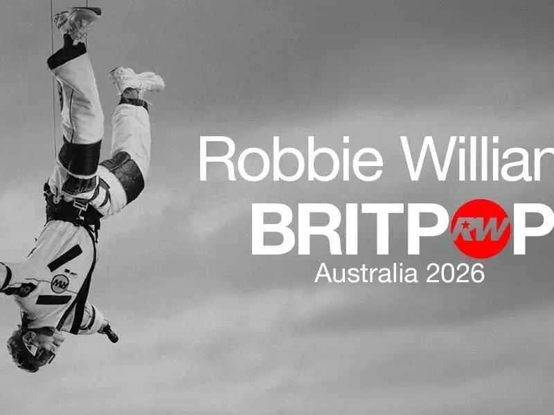 Poster of Robbie Williams hanging upside down with text BRITPOP Australia 2026.