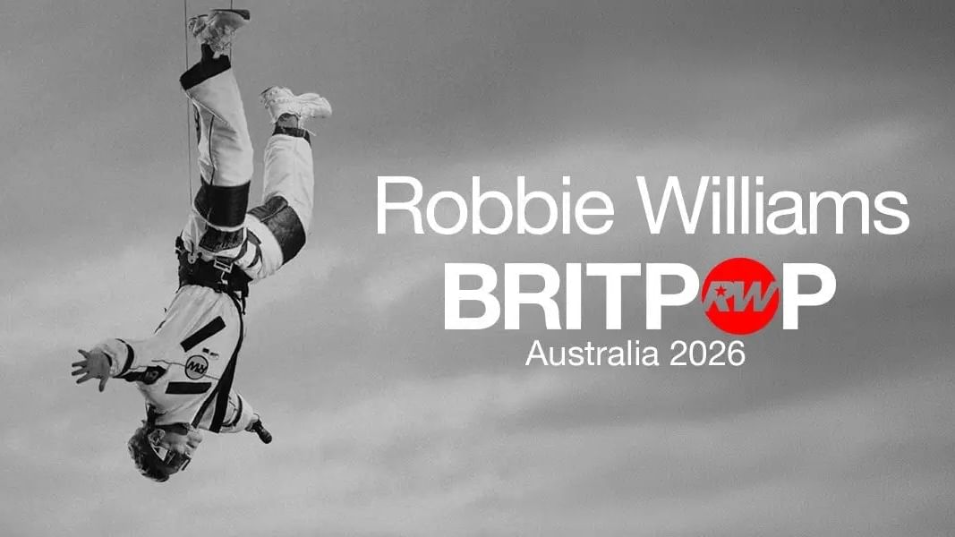 Poster of Robbie Williams hanging upside down with text BRITPOP Australia 2026.