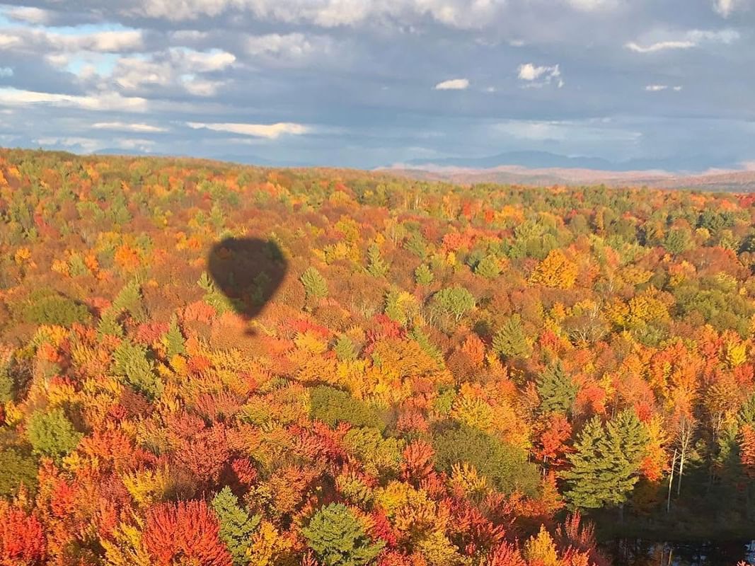 Hot air balloon shadow cast over vibrant autumn forest with colorful foliage and distant mountains under cloudy sky