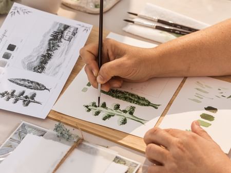 Taller de pintura botánica con acuarelas sobre papel, pinceles y plantas naturales sobre mesa de madera clara.