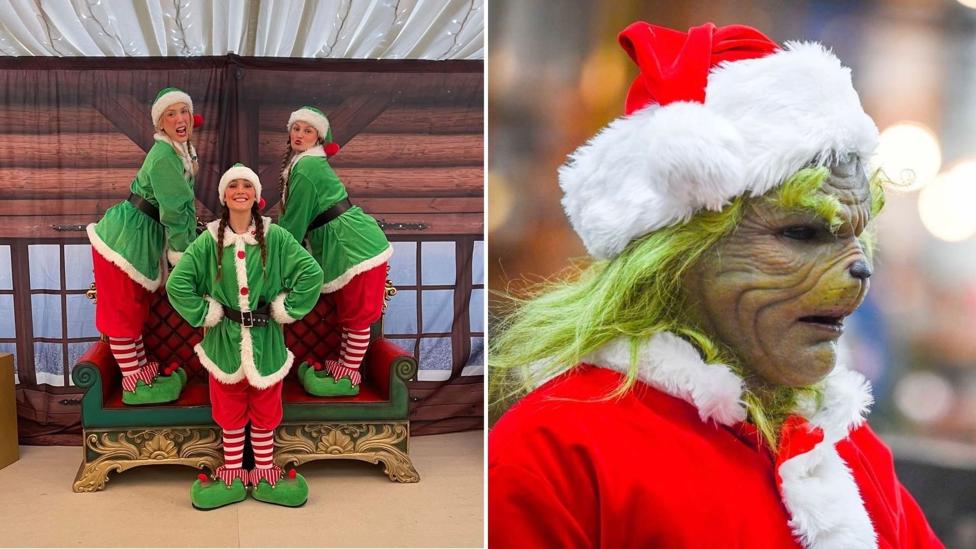 Collage showing a group of festive elves and a close-up of the Grinch in a Santa suit at Orsett Hall Hotel