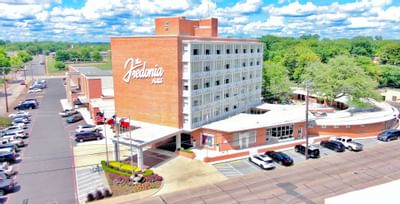 High-angle view of cars parked in front of The Fredonia Hotel
