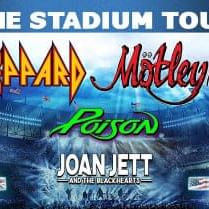 The logos for Def Leppard and Motley Crue on a background showing a large stadium.
