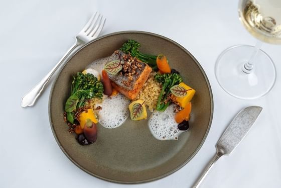 A vegan dish served on a table at Imlauer Schloss Hotel