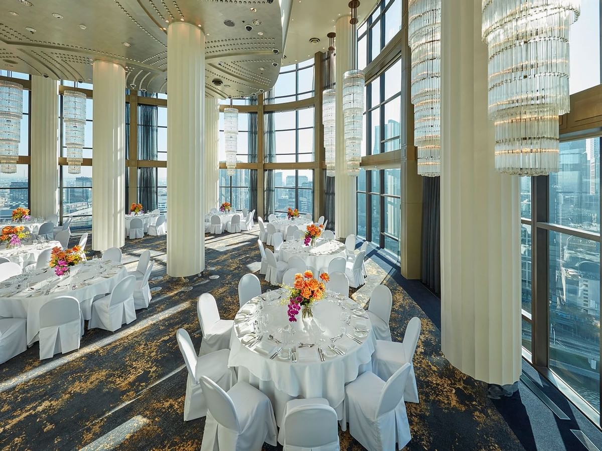 Banquet tables setup in Horizon Ballroom at Crown Hotels