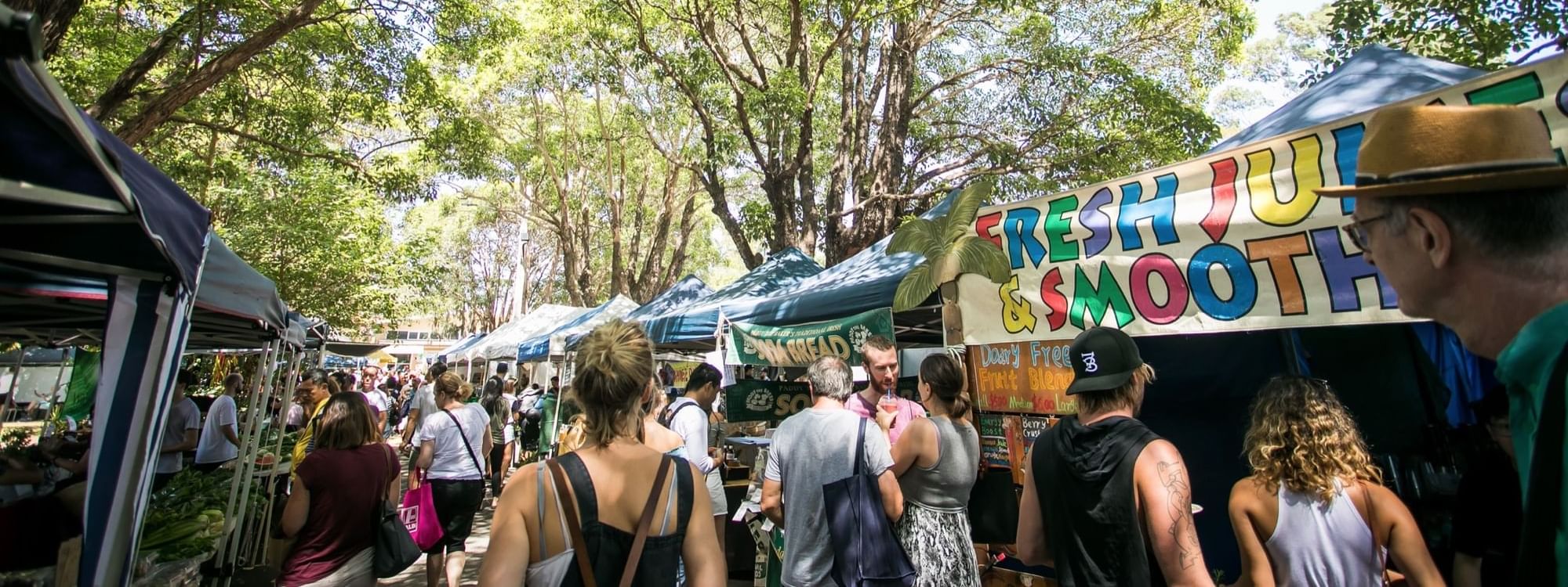 Crowds browsing stalls under shady trees at lively Marrickville Market near Novotel Sydney International Airport