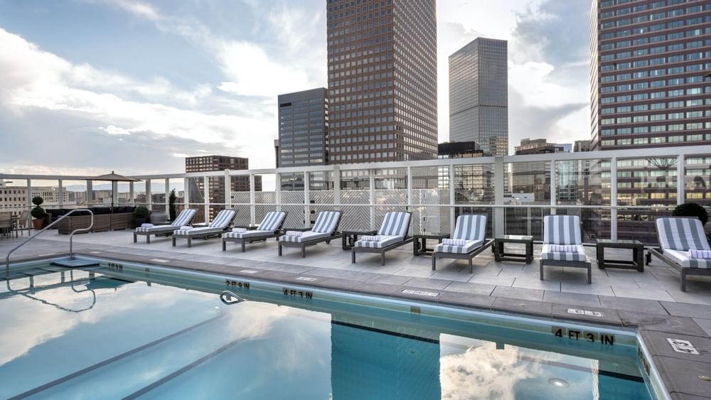 Rooftop pool with loungers by a glass fence under a sky with city buildings at Warwick Denver