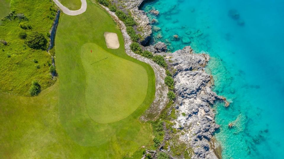 Aerial view of the golf court & sea at St George's Club Bermuda