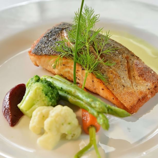 A salmon dish from Delagoa Restaurant at Polana Serena Hotel