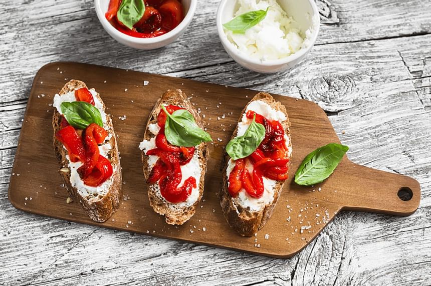 Bruschetta served on a board at Kellogg Conference Center