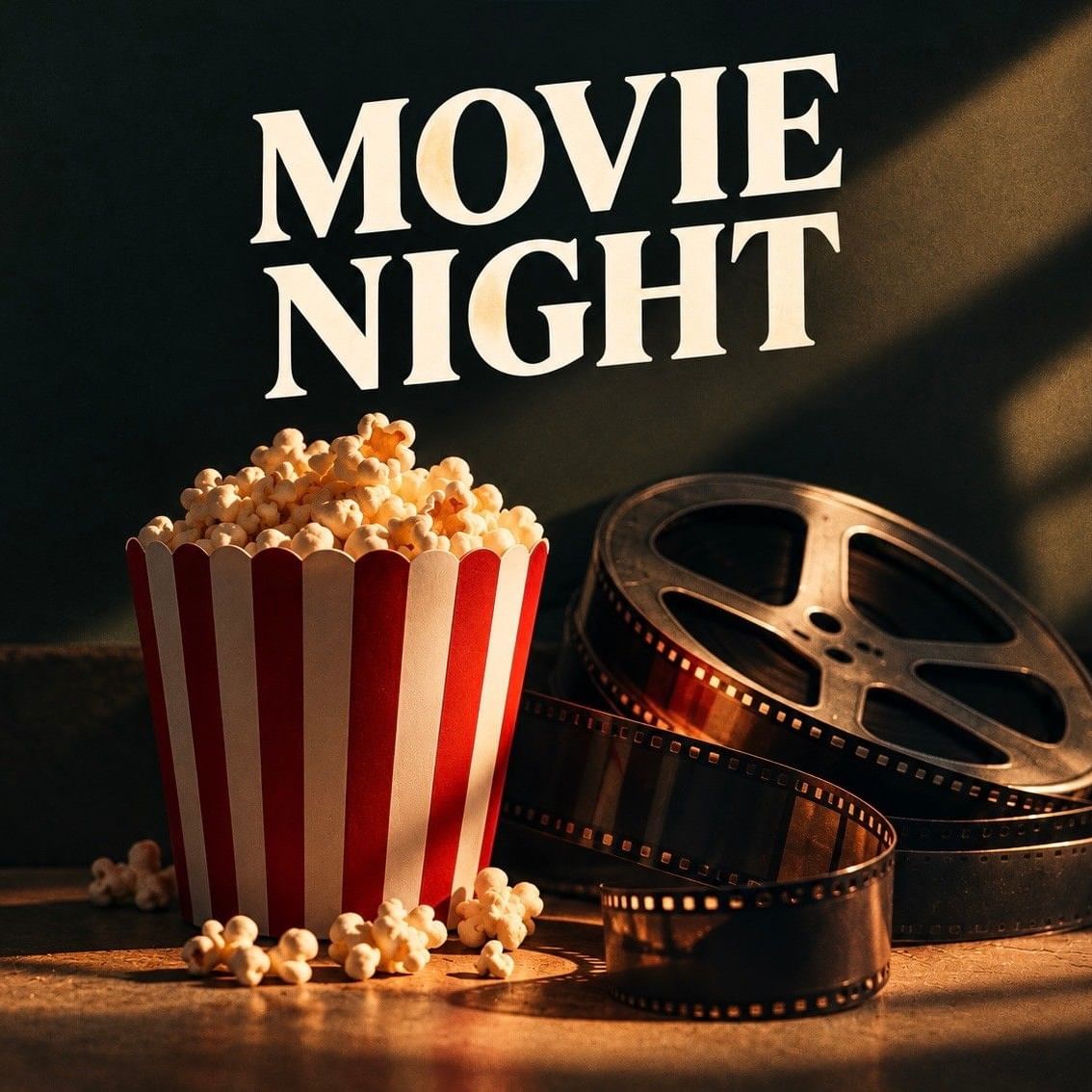 Striped popcorn bucket and vintage film reels displayed against Movie Night text for Kenmore Movie Night event