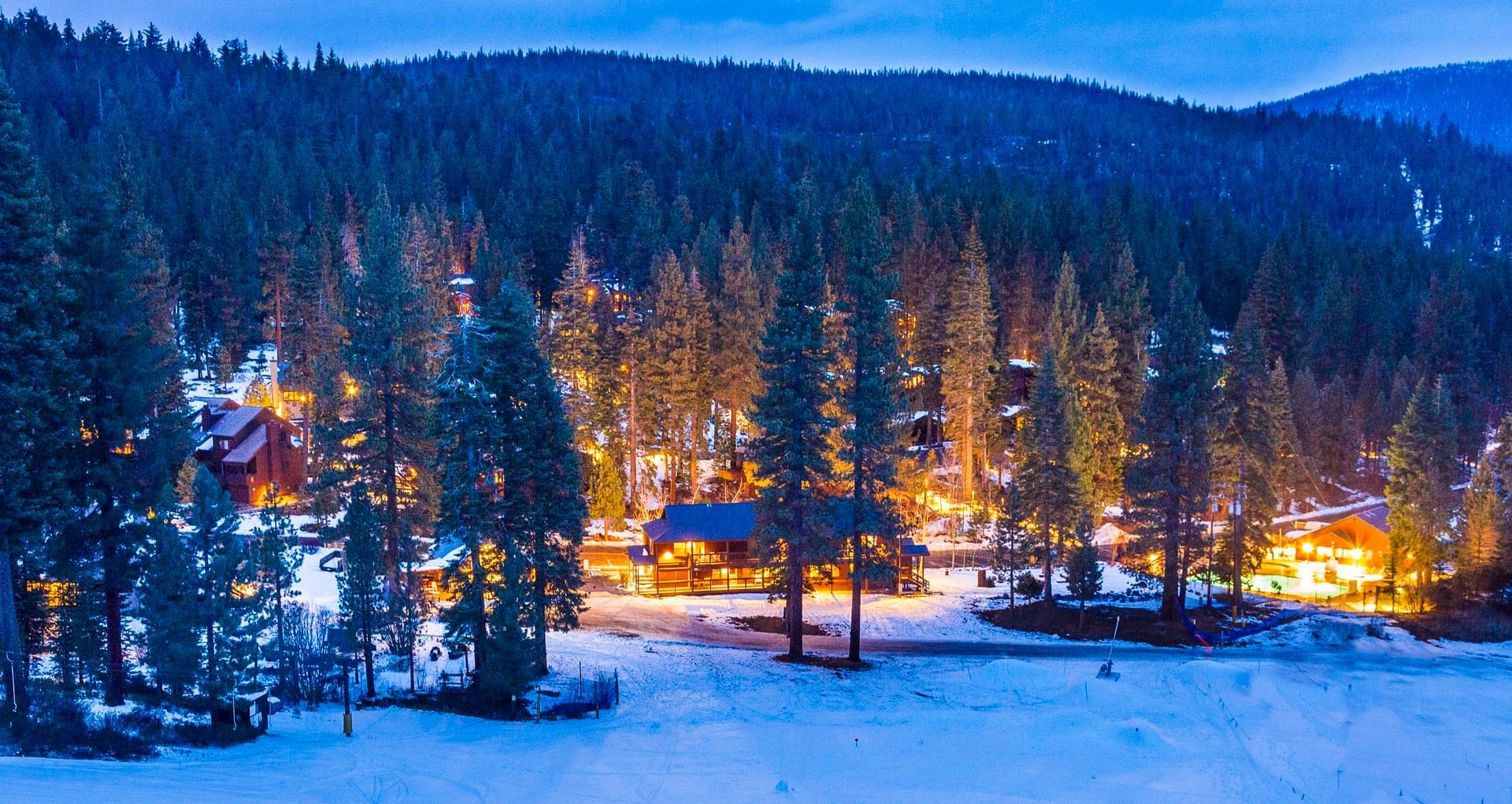 Aerial view from ski hill in twilight at Granlibakken Tahoe