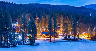 Aerial view from ski hill in twilight at Granlibakken Tahoe