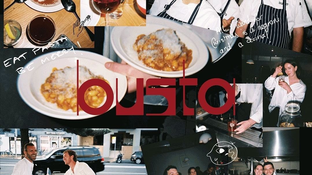 Busta with a Graphic poster collage featuring pasta plates by smiling chefs under clear lights for an Elysium Manly