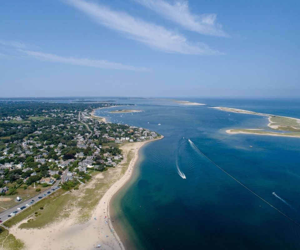 Aerial View of Beach and Town with islands of Chatham on Cape Cod