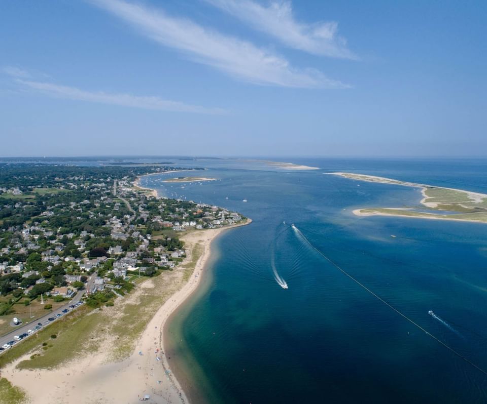 Aerial View of Beach and Town with islands of Chatham on Cape Cod