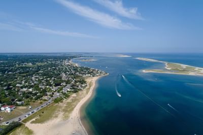 Aerial View of Beach and Town with islands of Chatham on Cape Cod