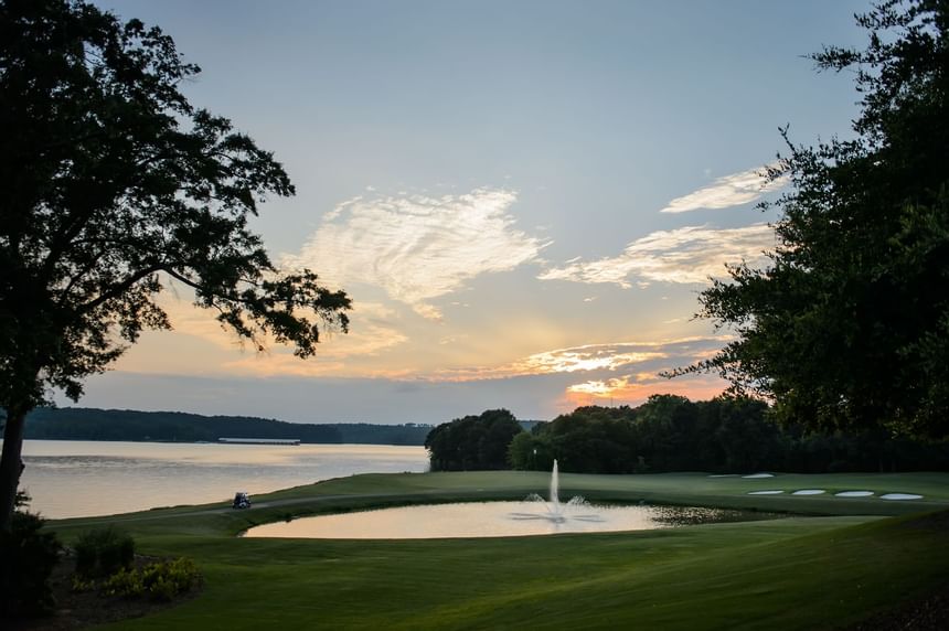 golf course, lake and sunrise