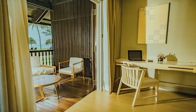 Work desk & balcony in Pelangi Suite at Pelangi Beach Resort