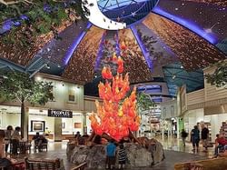 Campfire sculpture & night sky backdrop in Cross Iron Mills Shopping Mall near Acclaim Hotel