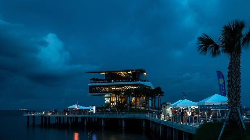 Night view of St. Pete Pier near Legacy Vacation Resorts