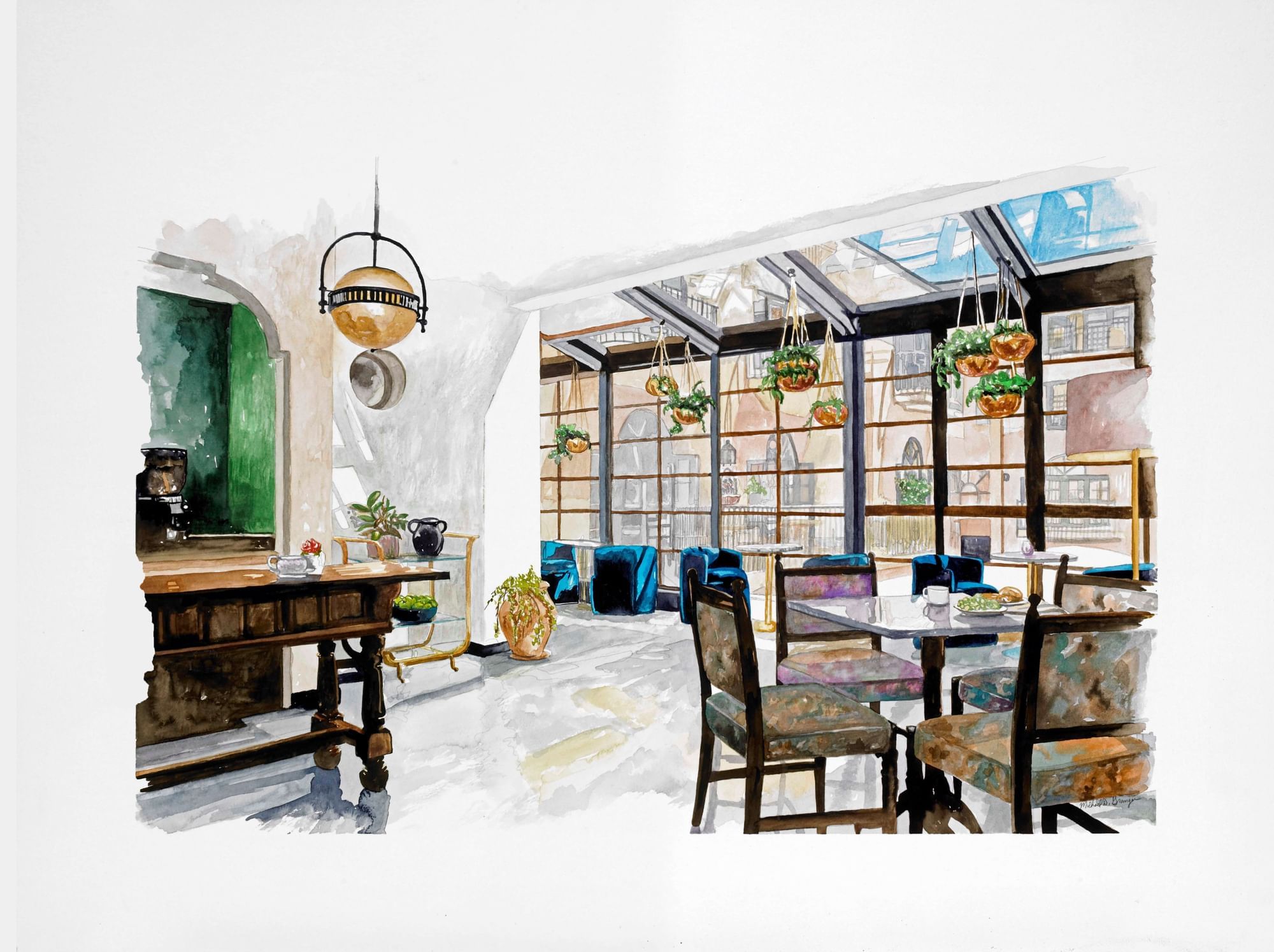 el Prado Palo Alto Watercolor design of coffee area