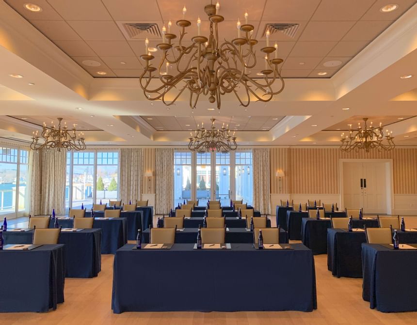 Tables, chairs with chandeliers at Beauport Hotel Gloucester