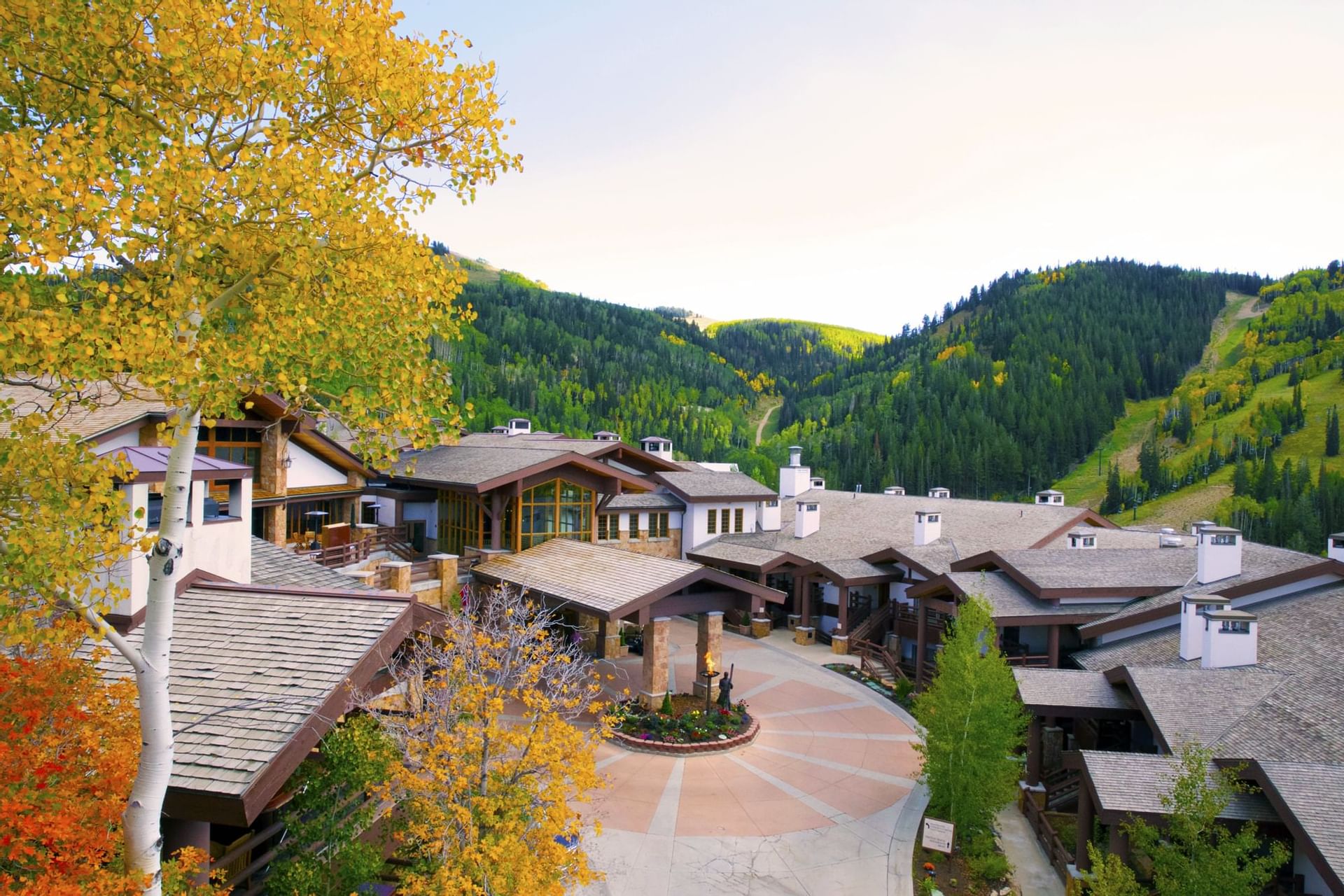 Aerial view of Stein Eriksen Lodge surrounded by mountains