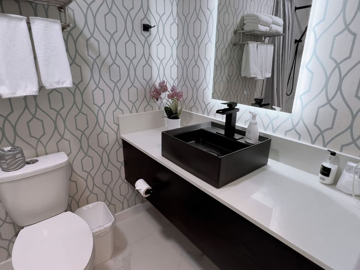 Bathroom with towels, toilet, mirror, sink, hairdryer