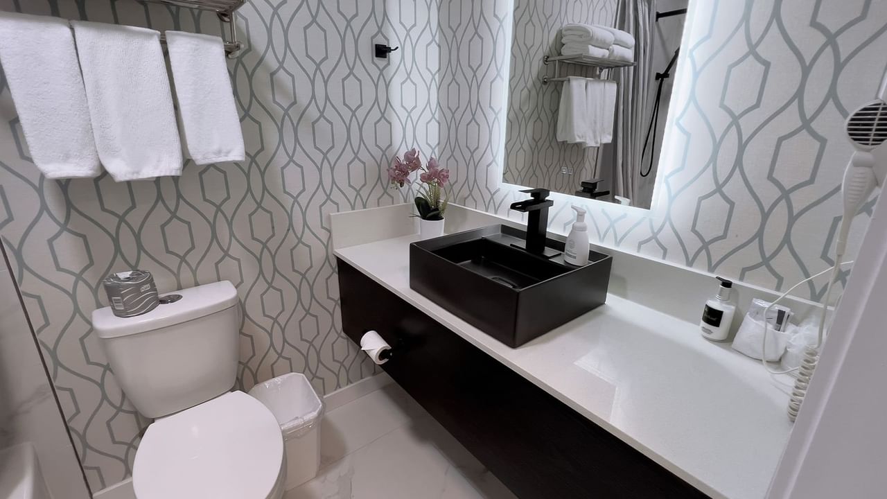 Bathroom with towels, toilet, mirror, sink, hairdryer
