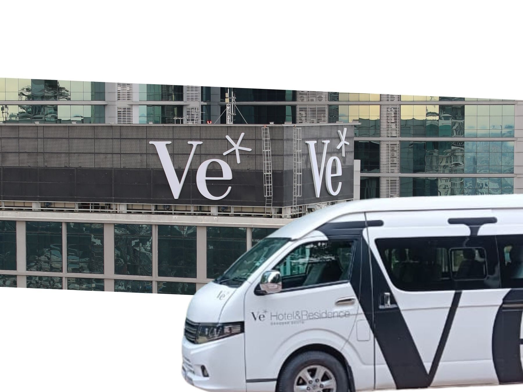 Shuttle van with hotel sign parked in front of VE Hotel & Residence