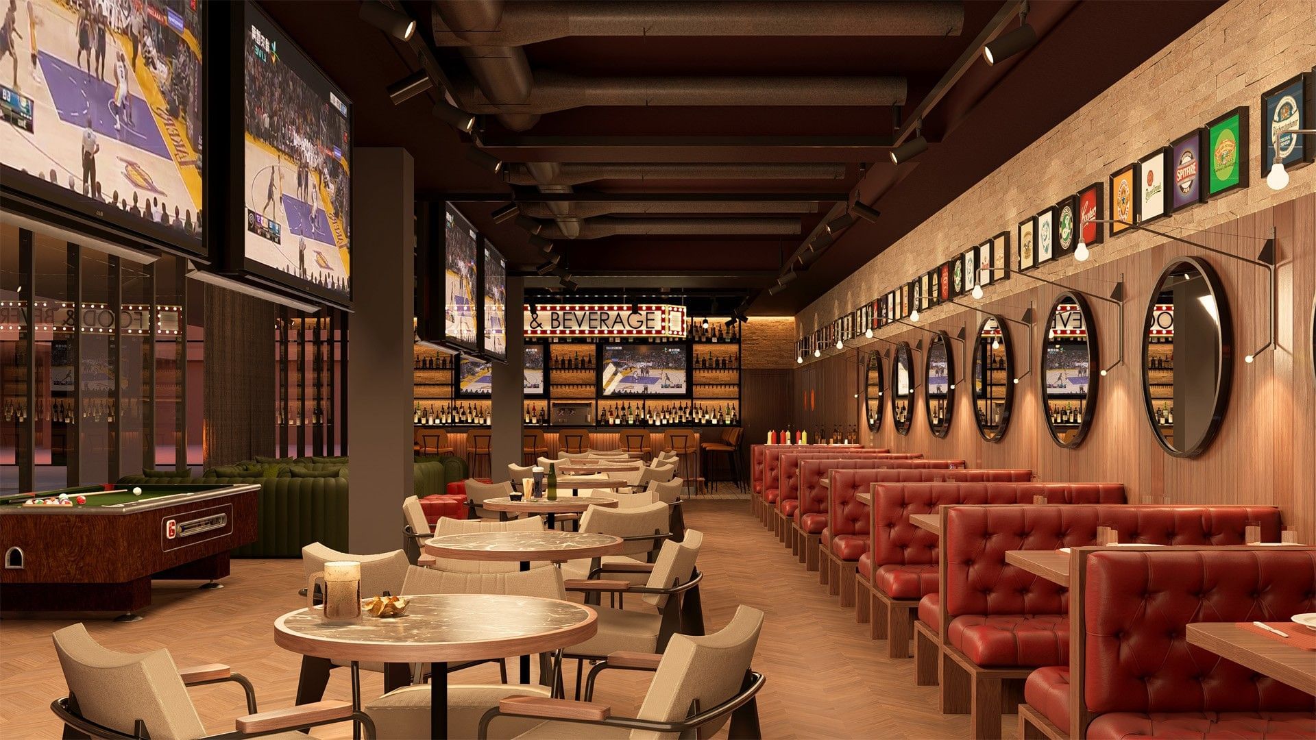 Bar deportivo moderno en Fiesta Americana Funeeq con cabinas rojas de cuero y varias TVs mostrando partidos de baloncesto