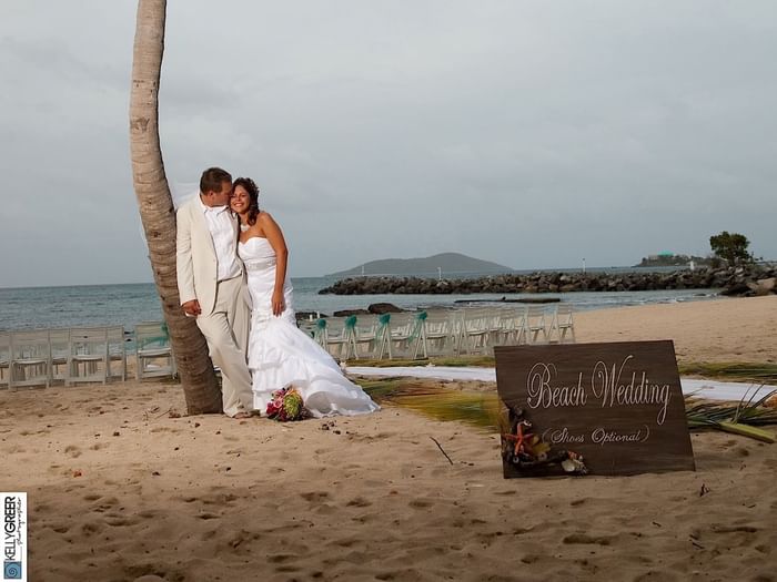 Bride and Groom Under a Coconut tree by the beach at Tamarind Re