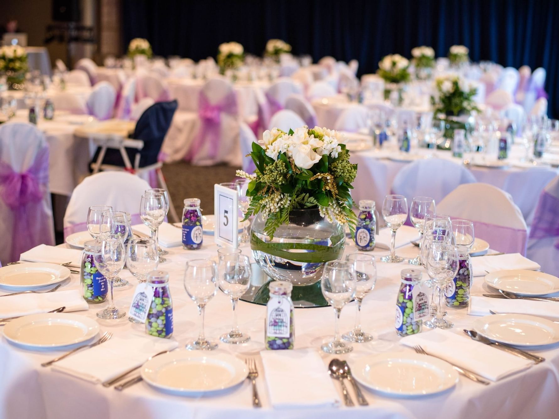 Decorated banquet table arrangement at The Royal Riviera Hotel