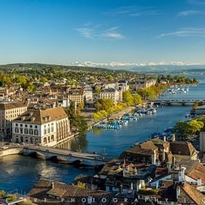 Aerial view of Lake Zurich with the city near Sternen Oerlikon