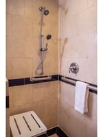 Bathroom shower area and a folding seat in Accessible Premier City View at Warwick New York