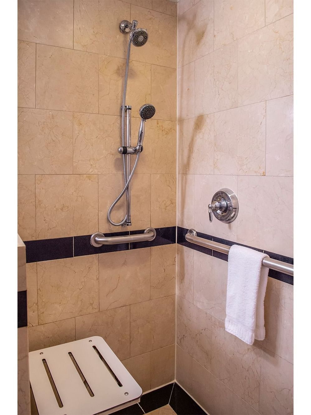 Bathroom shower area and a folding seat in Accessible Premier City View at Warwick New York