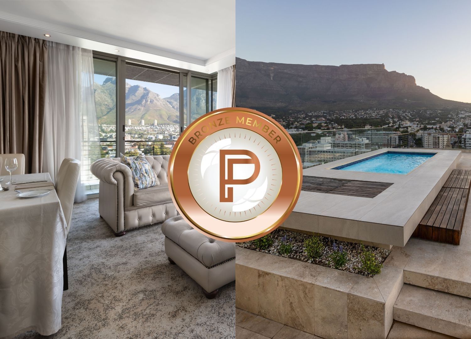 A two-panel image showing a hotel suite and a rooftop pool at sunset with a bronze member badge for Pepperclub Hotel
