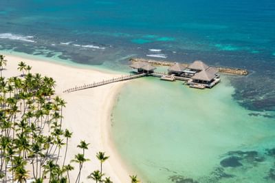 Aerial view of beach cabanas on the deck at Club Hemingway