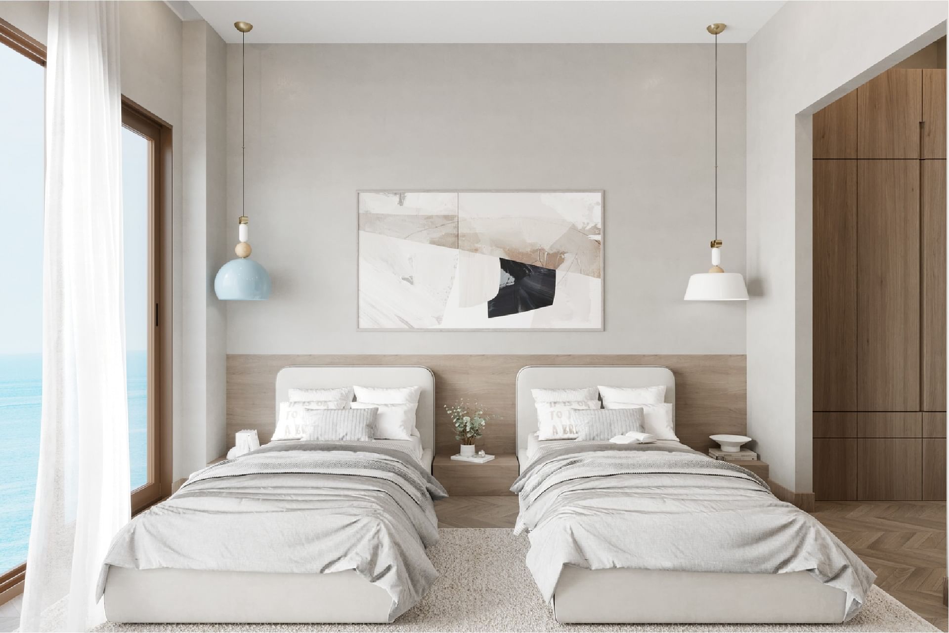 Cozy bedroom with two twin beds, a small bedside table, and a stunning ocean view in BlueZone Residence at A'ila Residences