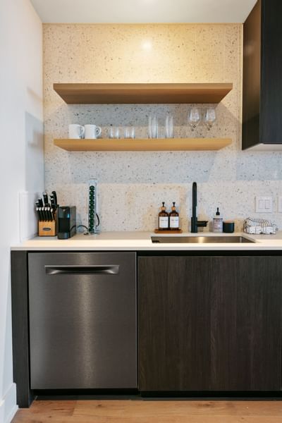 Close-up of a kitchenette in Modern Sunrise Lux at Austin Condo