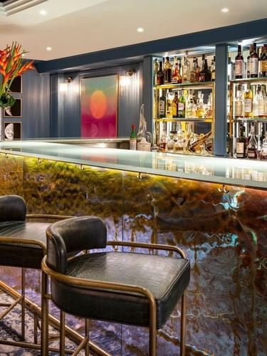 Black bar stools lined by a glowing counter under bottle-filled shelves in The Capital Bar, Tom Brown at The Capital