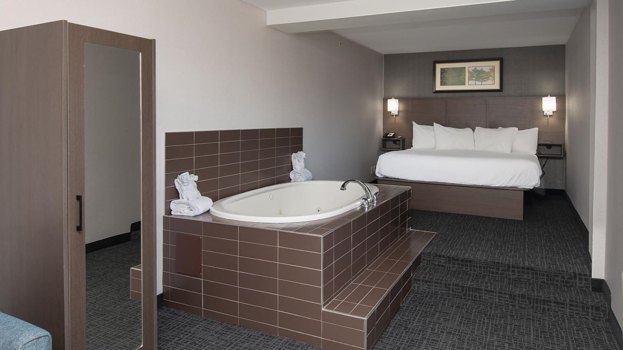 Suite with tub and a bed.