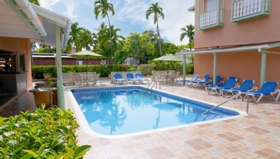 Bright outdoor swimming pool beside blue lounge chairs and green umbrellas with palm trees at Worthing Court Apartment