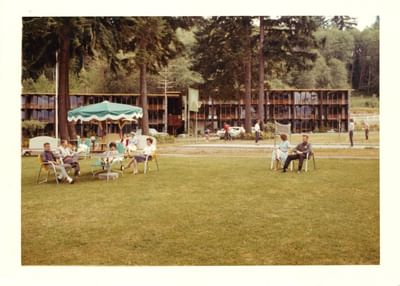 Vintage image of guests in the garden, Alderbrook Resort & spa
